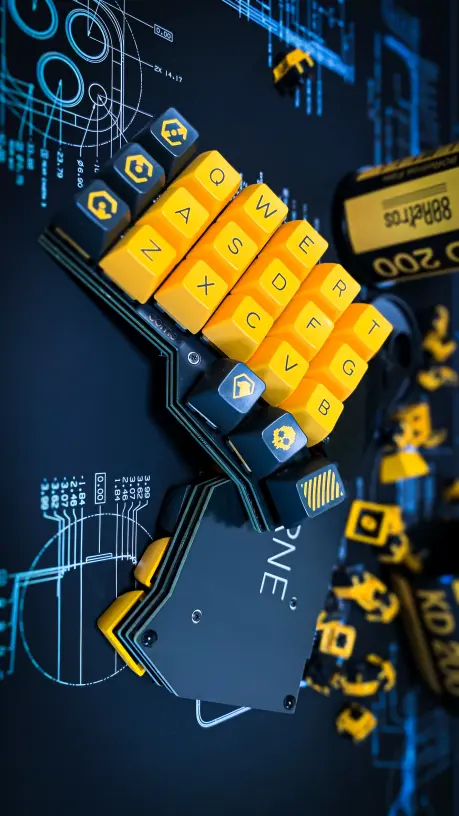 PandaKB Corne Keyboard with Sandwich Case - Black Plate & Bottom, Yellow Keycaps
